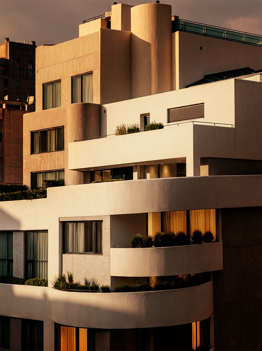 Rendering 3D di un edificio residenziale moderno con facciata bianca, ampi terrazzi curvi con piante e luci calde al tramonto.