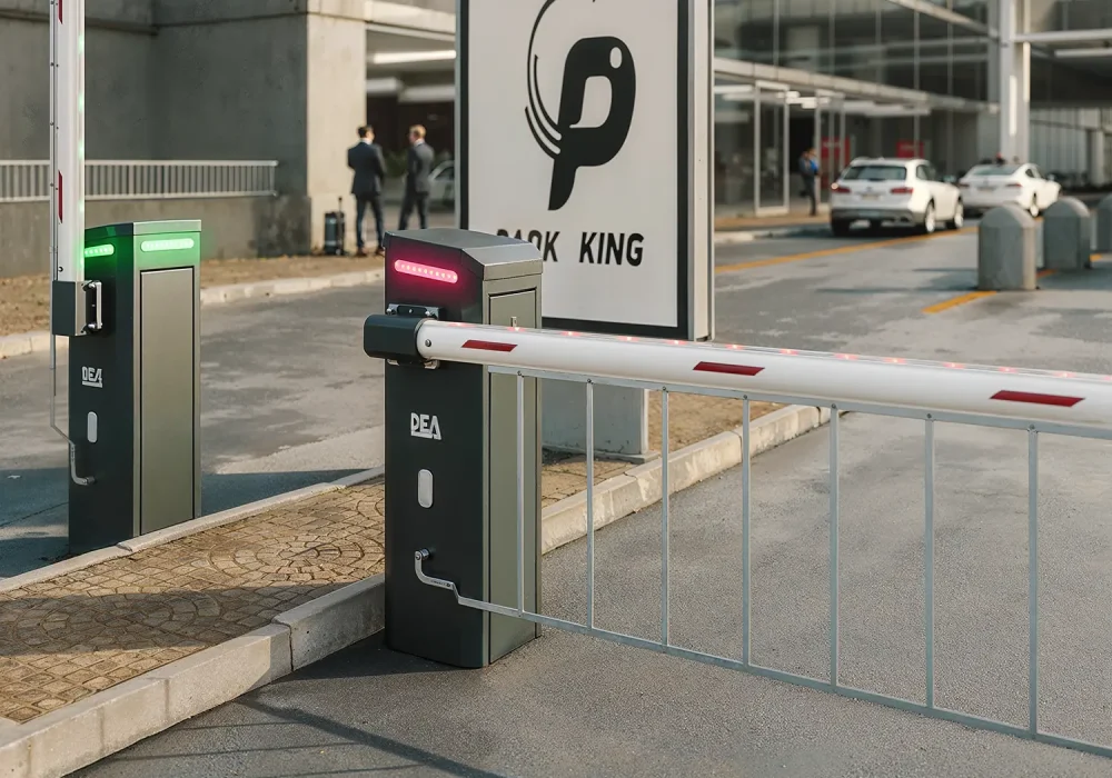 Rendering 3D ambientato di barriere motorizzate DEA per parcheggio automatico, con indicatori LED rossi e verdi.