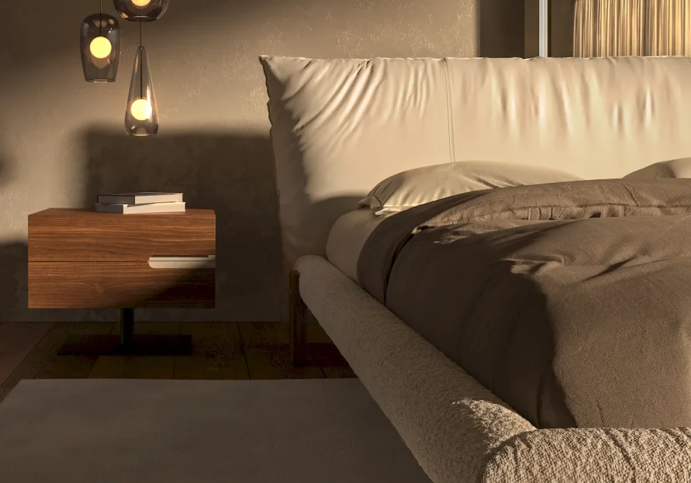 Dettaglio ravvicinato in rendering 3D del letto Pascal Cattelan Italia con focus sulla texture della struttura e sul comodino in legno.
