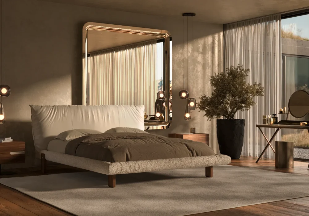 Rendering 3D ambientato del letto di design Pascal Cattelan Italia con grande specchio dorato e zona trucco sullo sfondo.