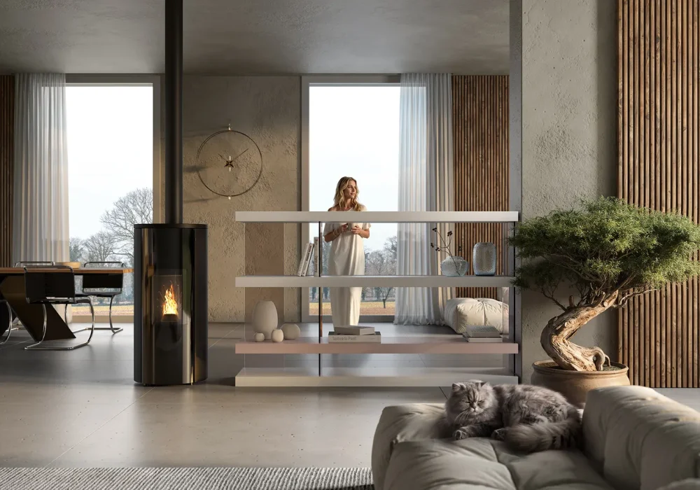 Rendering 3D ambientato di una stufa moderna AMG con scarico coassiale accesa in un salotto contemporaneo.