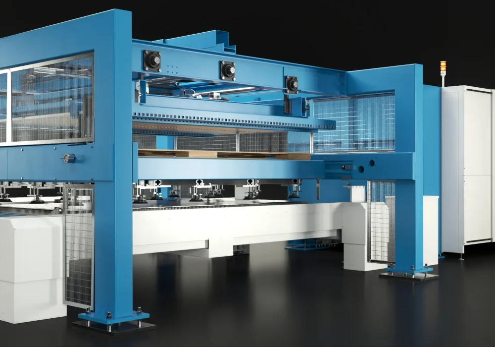 Rendering 3D interno alla cabina Cy-laser con focus sulla testa di taglio laser a fibra ottica posizionata sopra la lamiera.