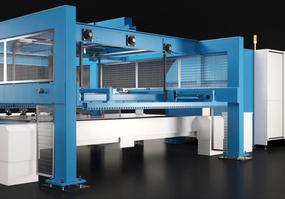 Rendering 3D del sollevamento automatico della lamiera dal pallet di stoccaggio nel Compact Server Cy-laser.
