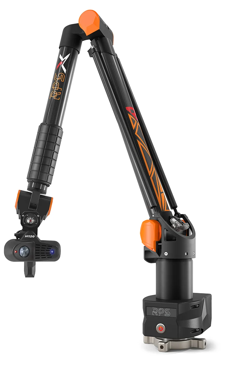 Rendering 3D in vista frontale del braccio di misura a 7 assi RPS Metrology con scanner laser 3D H120.