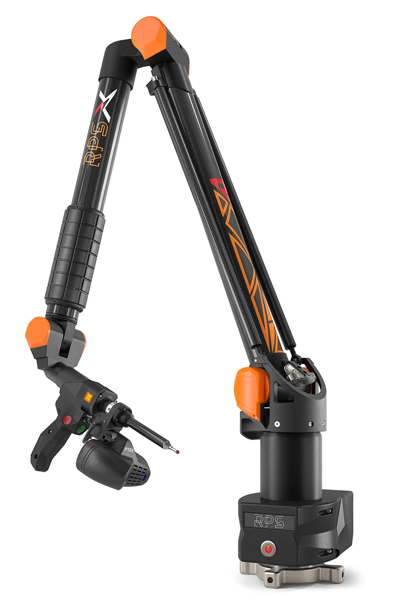 Rendering 3D prospettico di un braccio metrologico portatile RPS Metrology con scanner laser 3D per nuvole di punti.