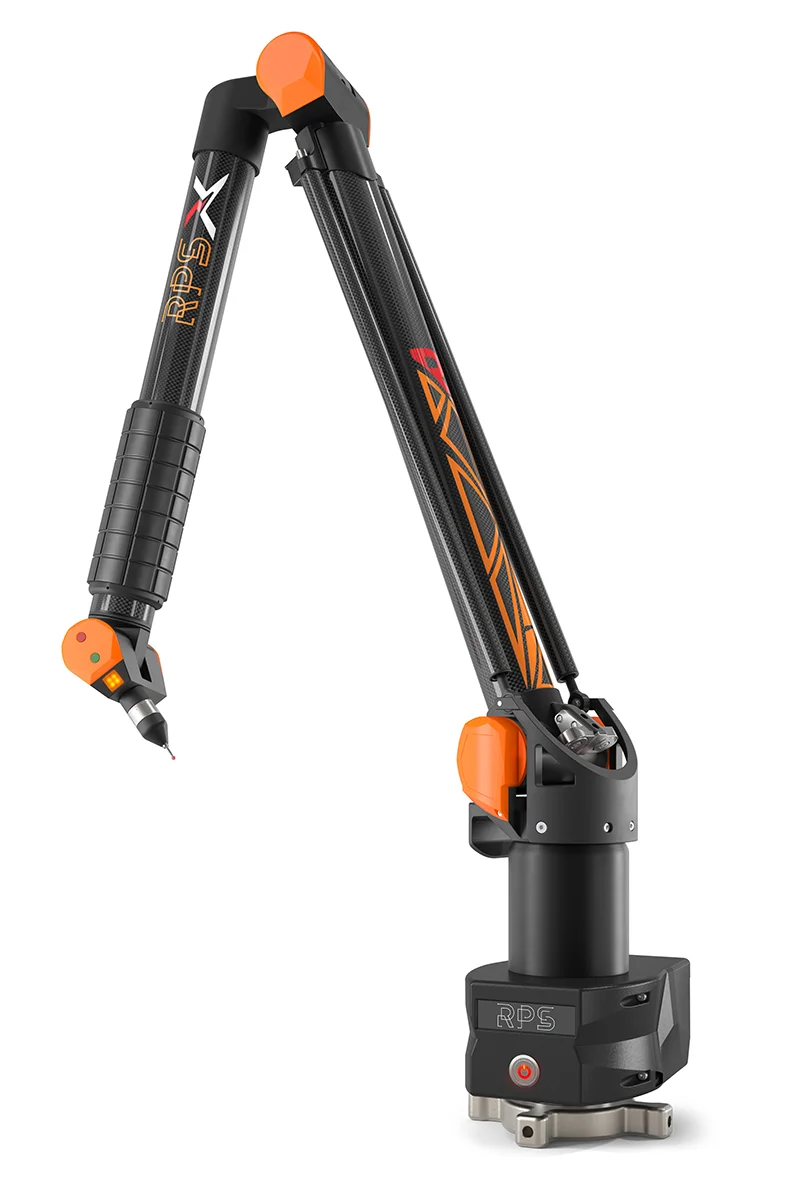 Rendering 3D del braccio di misura articolato a 6 assi RPS Metrology con sonda di contatto.