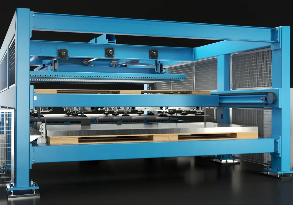 Rendering 3D del sistema di manipolazione a ventose durante il carico automatico della lamiera sulla macchina Cy-laser.