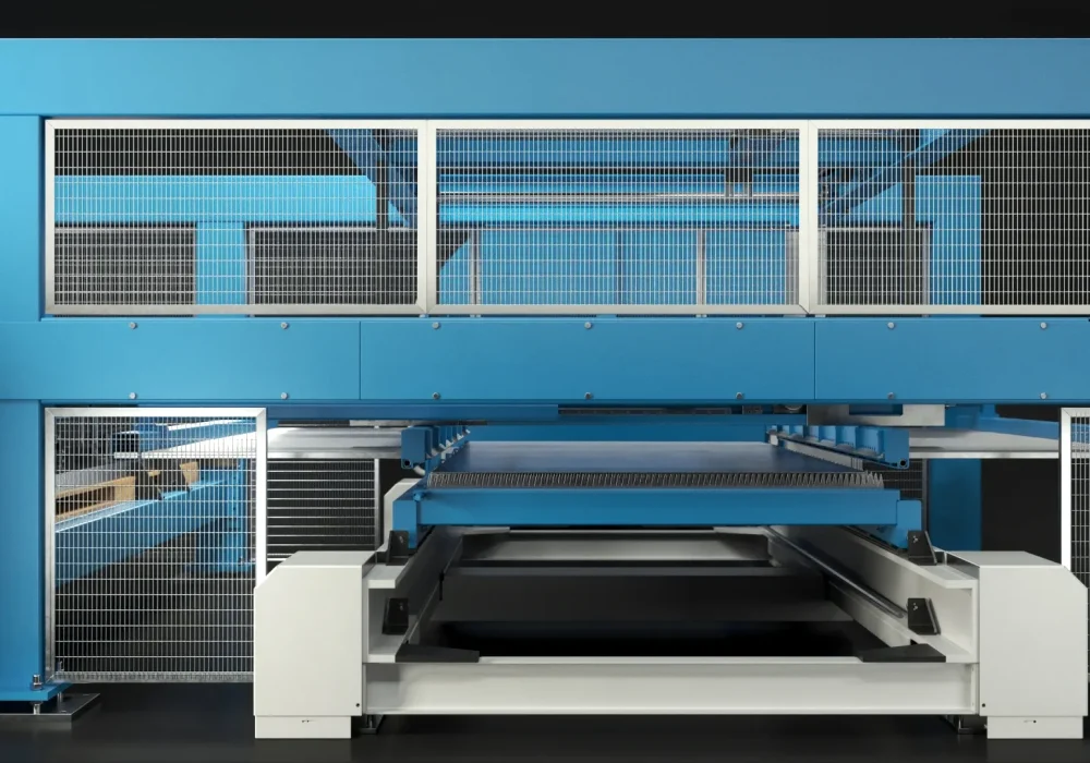 Dettaglio ravvicinato in rendering 3D dei due piani a punte intercambiabili del cambio pallet Cy-laser.