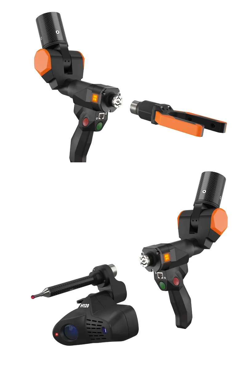 Dettaglio in rendering 3D dei componenti meccanici della forcella e dello scanner laser H120 di RPS Metrology.