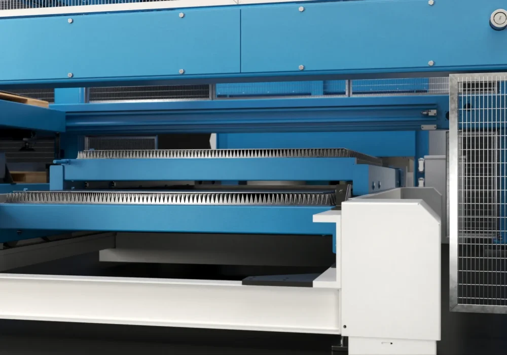 Rendering 3D del meccanismo di sovrapposizione e scambio dei banchi di lavoro dell'impianto laser Cy-laser.