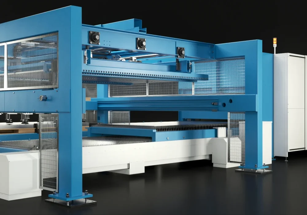 Rendering 3D del movimento del banco di taglio a aghi che fuoriesce dalla cabina Cy-laser.