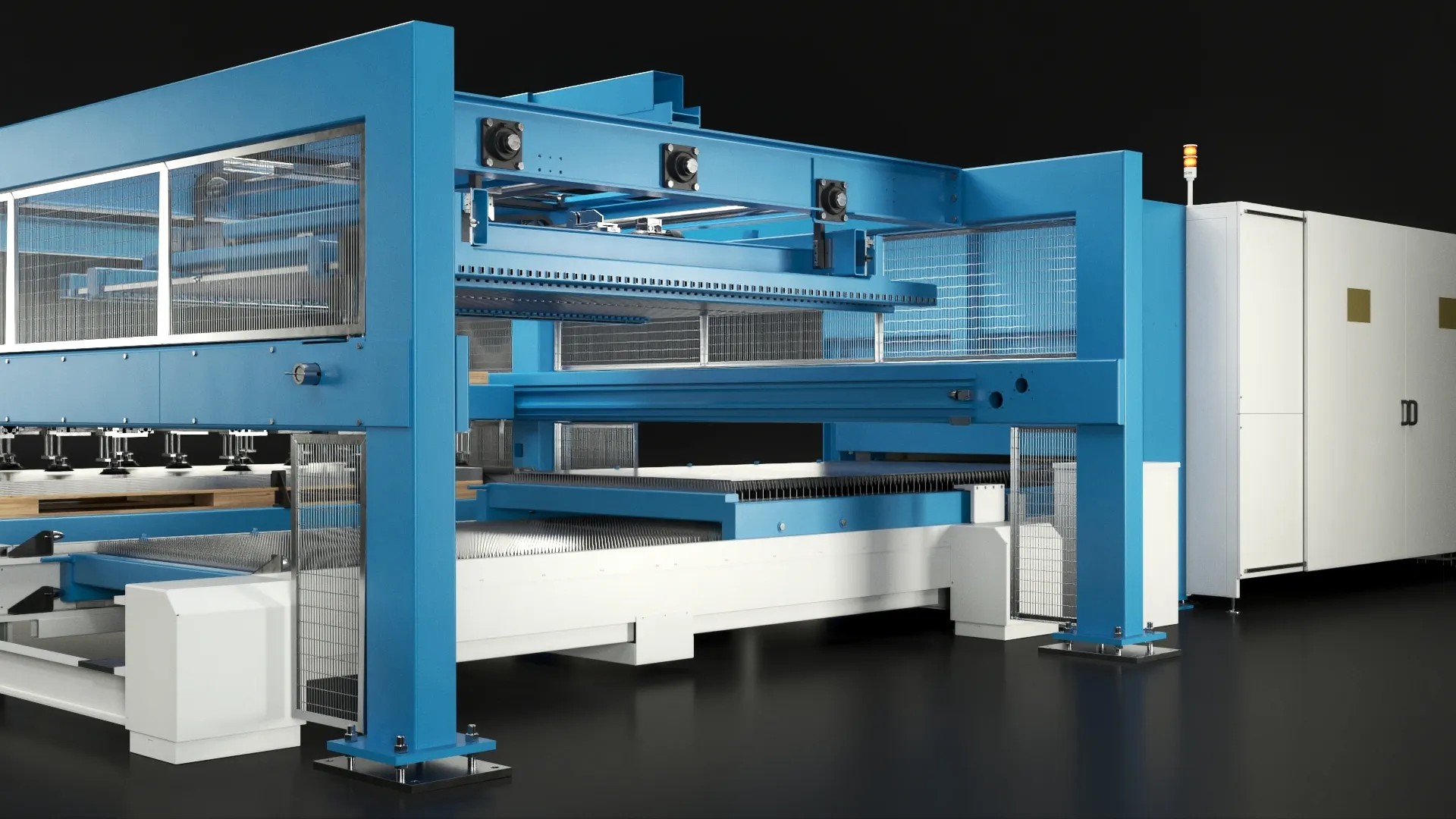 Rendering 3D del movimento del banco di taglio a aghi che fuoriesce dalla cabina Cy-laser.