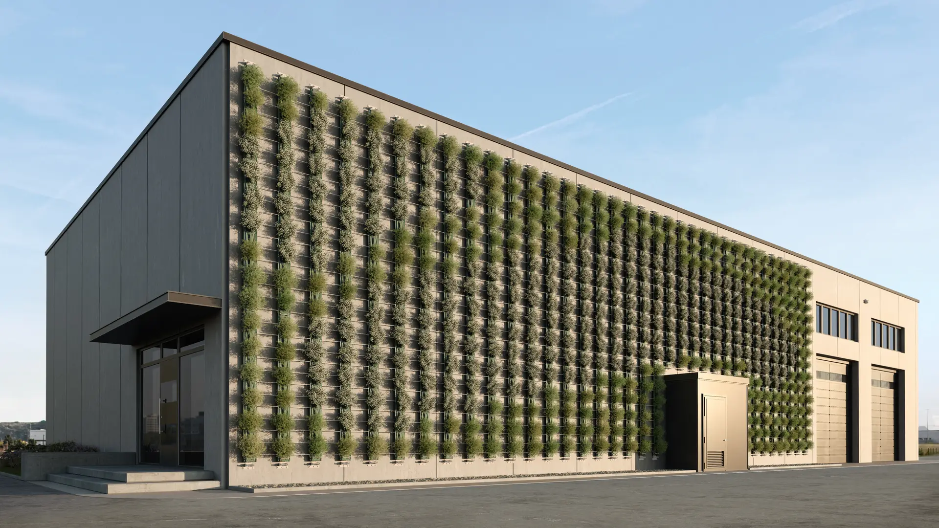 Rendering 3D panoramico di un edificio industriale con sistema di giardino verticale esterno Sundar Felt Zebra.
