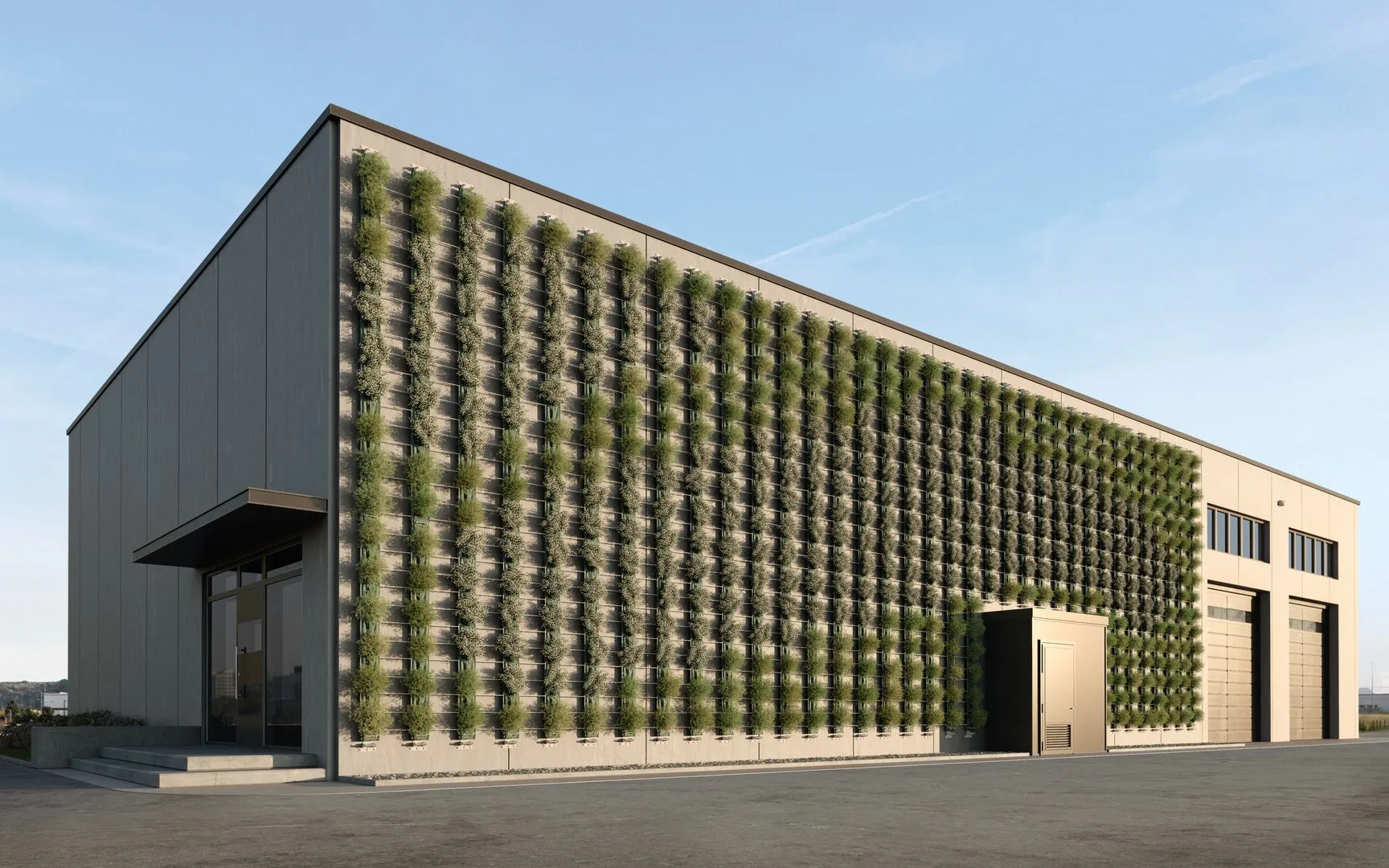 Rendering 3D panoramico di un edificio industriale con sistema di giardino verticale esterno Sundar Felt Zebra.