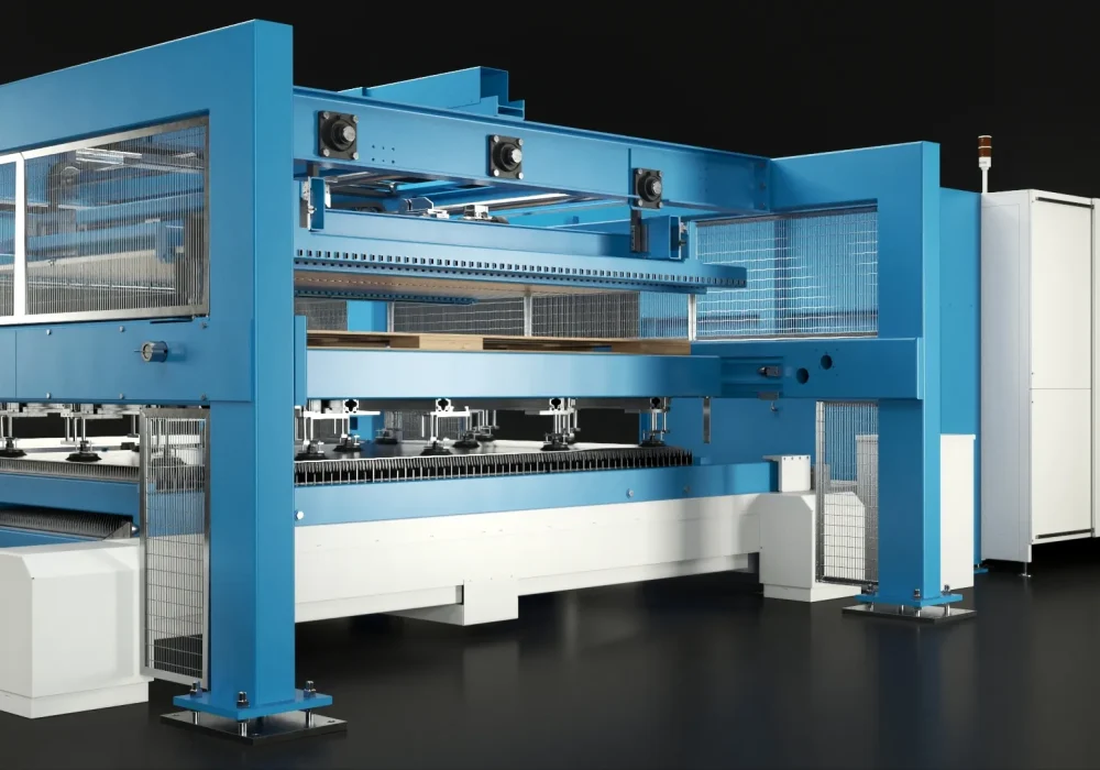 Rendering 3D del banco di taglio a punte completamente estratto e pronto per il carico del materiale.