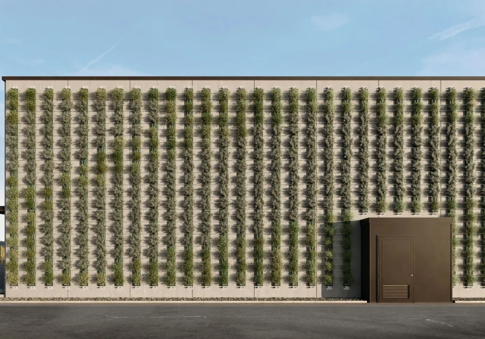 Rendering 3D frontale ortogonale del sistema di inverdimento Sundar Felt Zebra applicato a una parete industriale.