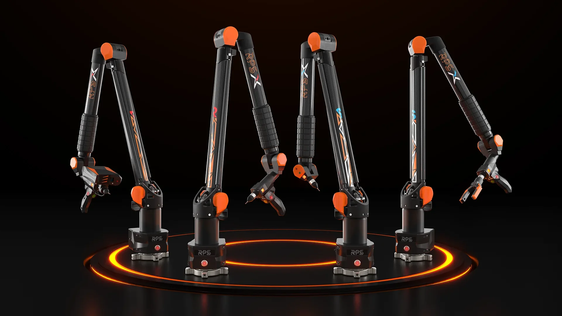 rendering-3d-gamma-bracci-misura-rps-metrology-169 Rendering 3D panoramico 16:9 della gamma di bracci di misura articolati portatili RPS Metrology su pedana con luci LED.