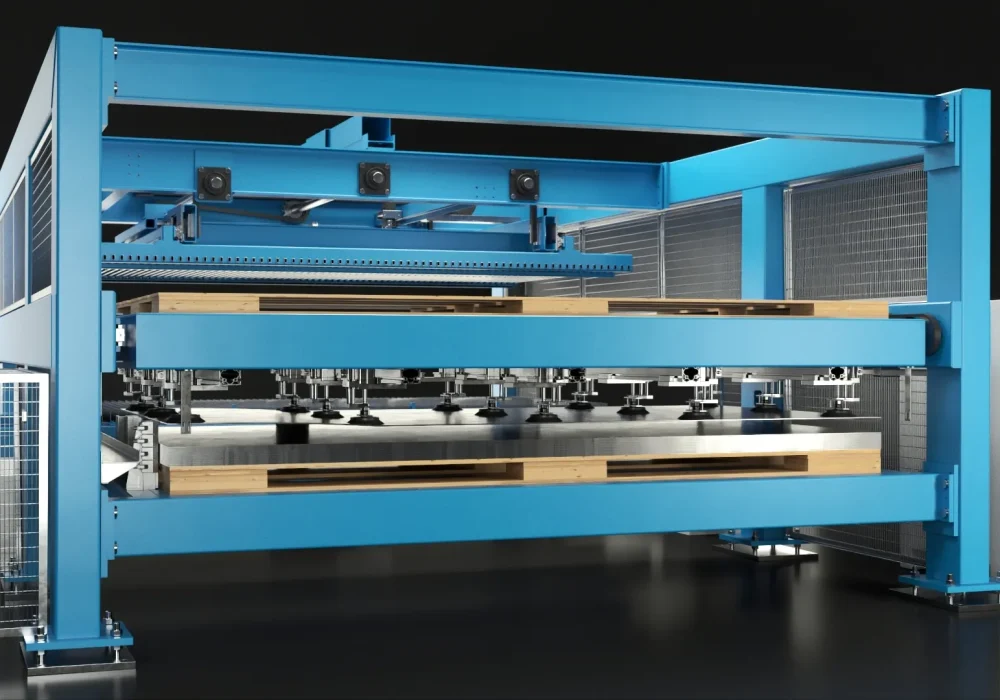 Rendering 3D del sistema di manipolazione a ventose durante il carico automatico della lamiera sulla macchina Cy-laser.