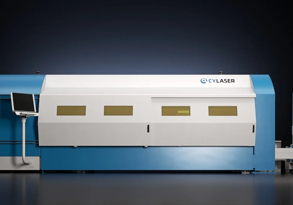 Rendering 3D del sistema di taglio laser a fibra ottica Cy-laser con automazione Compact Server in un capannone industriale.