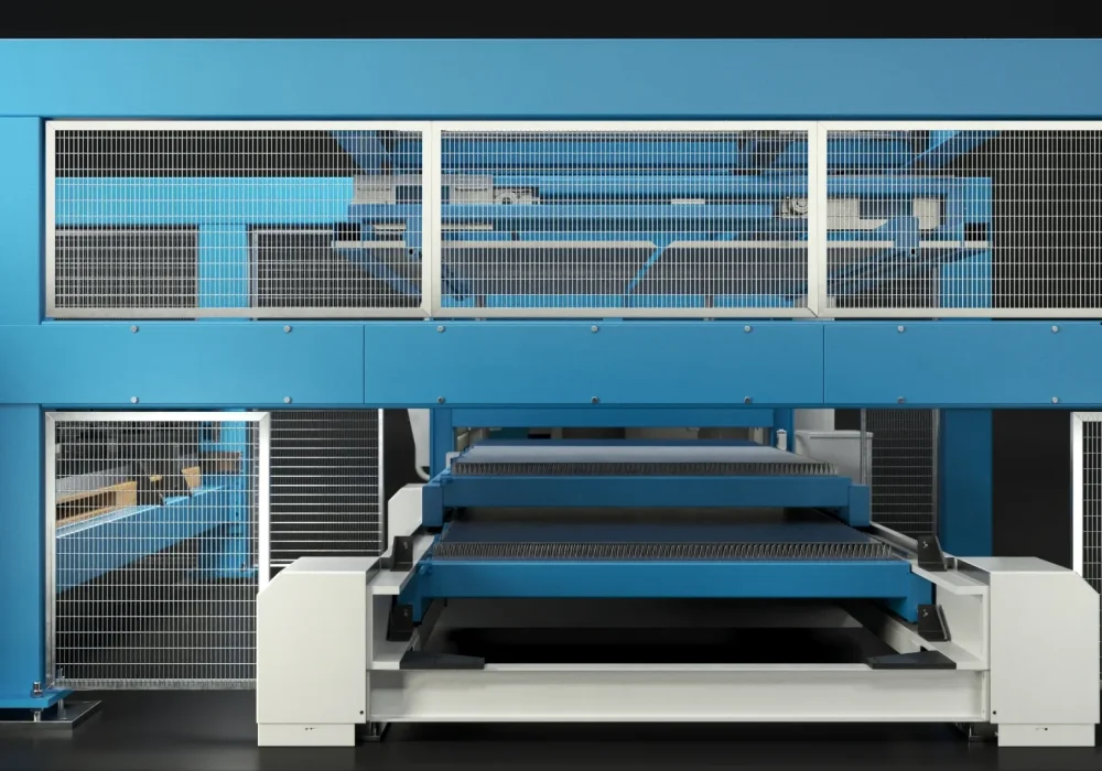 Rendering 3D in vista laterale ortogonale delle barriere di sicurezza e del modulo di carico Cy-laser.