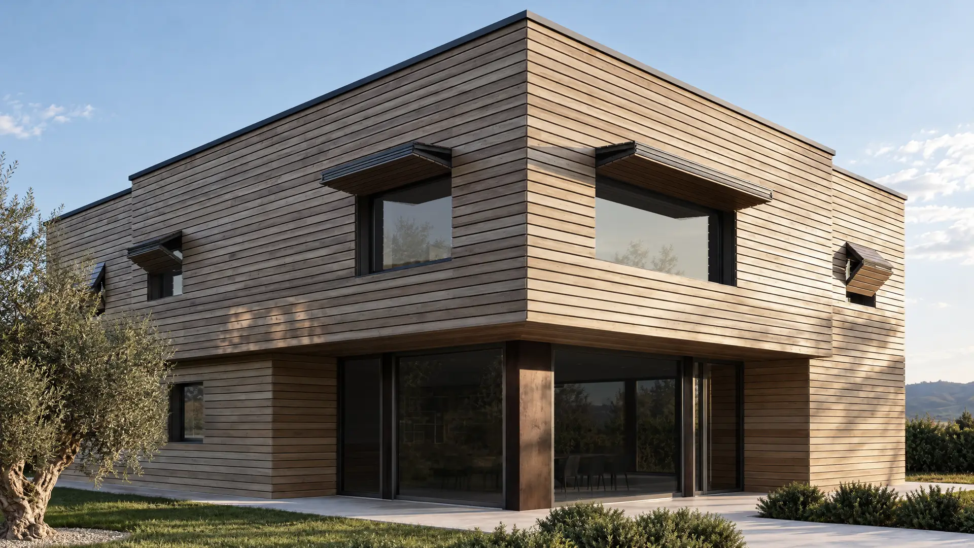 Rendering 3D ambientato di edificio contemporaneo con scuri esterni Scurotherm