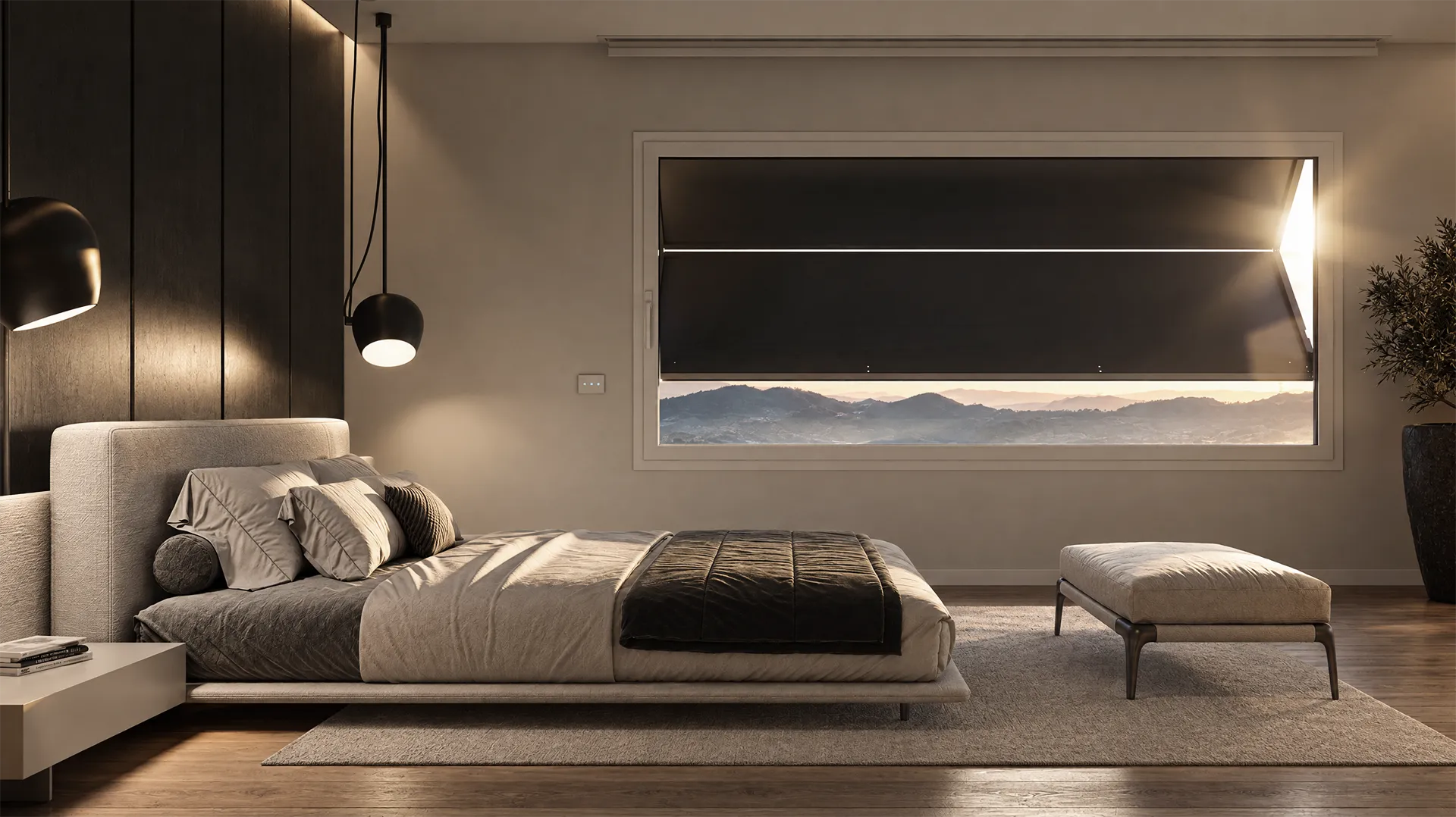 Rendering 3D di una camera da letto moderna con sistema oscurante Scurotherm installato sulla finestra