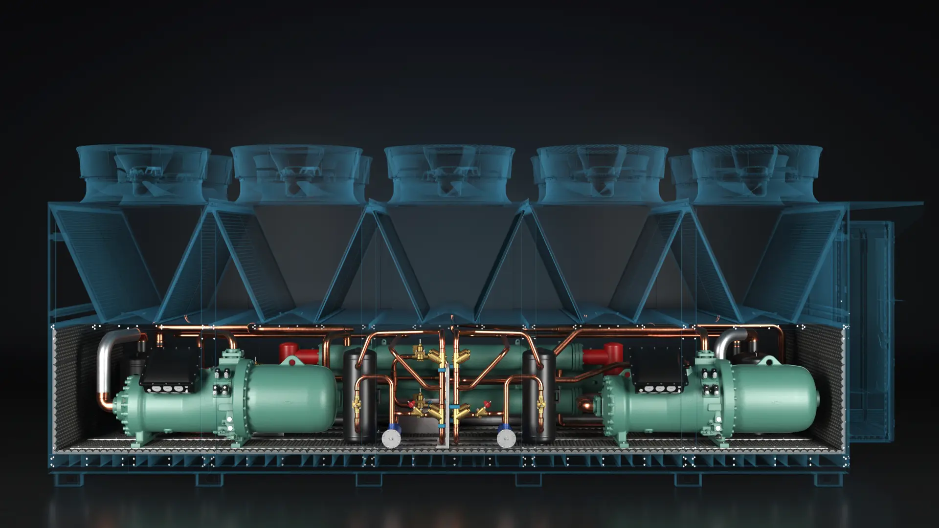 Rendering 3d con trasparenze Rendering 3D di un macchinario industriale con scocca in trasparenza per mostrare i componenti interni e le tubazioni