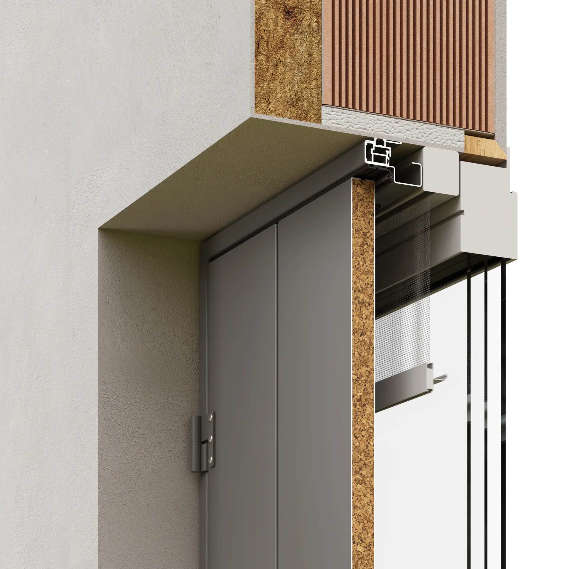 Rendering tecnico in sezione verticale dello scuro Scurotherm integrato nella parete