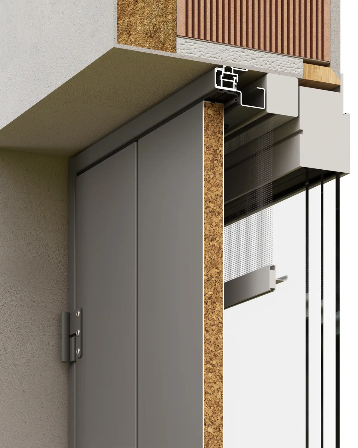 Sezione Tecnica Cad 3d Prodotto Sezione tecnica in rendering 3D di uno scuro, con zanzariera, serramento e stratigrafia muraria